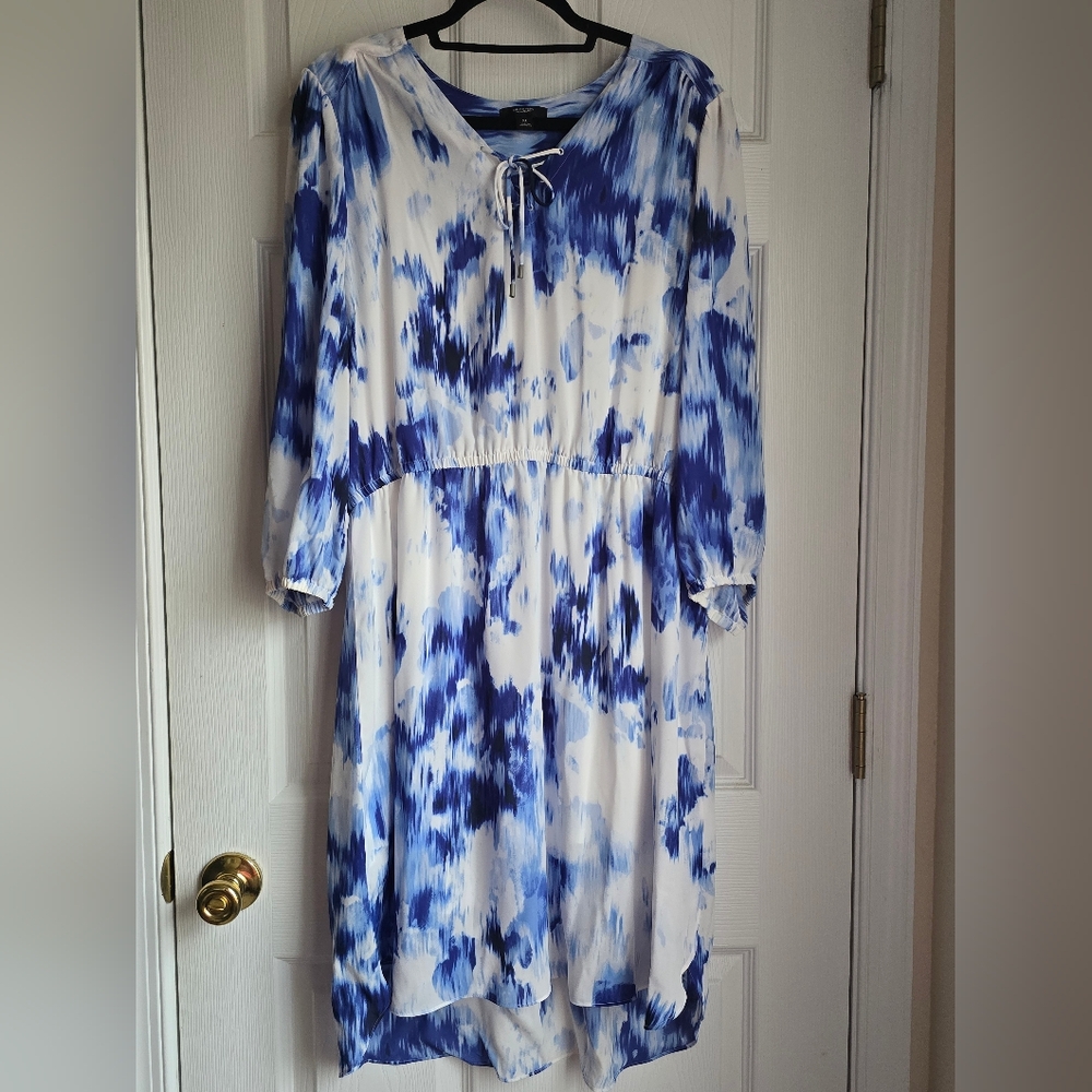 Blue & White Tie Dye Long Sleeve Short Dress ~ Simply Vera Verawang XL